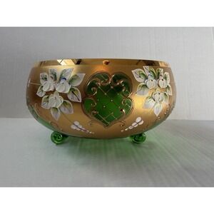 Czech Bohemian Gilded Gold Green Glass Bowl